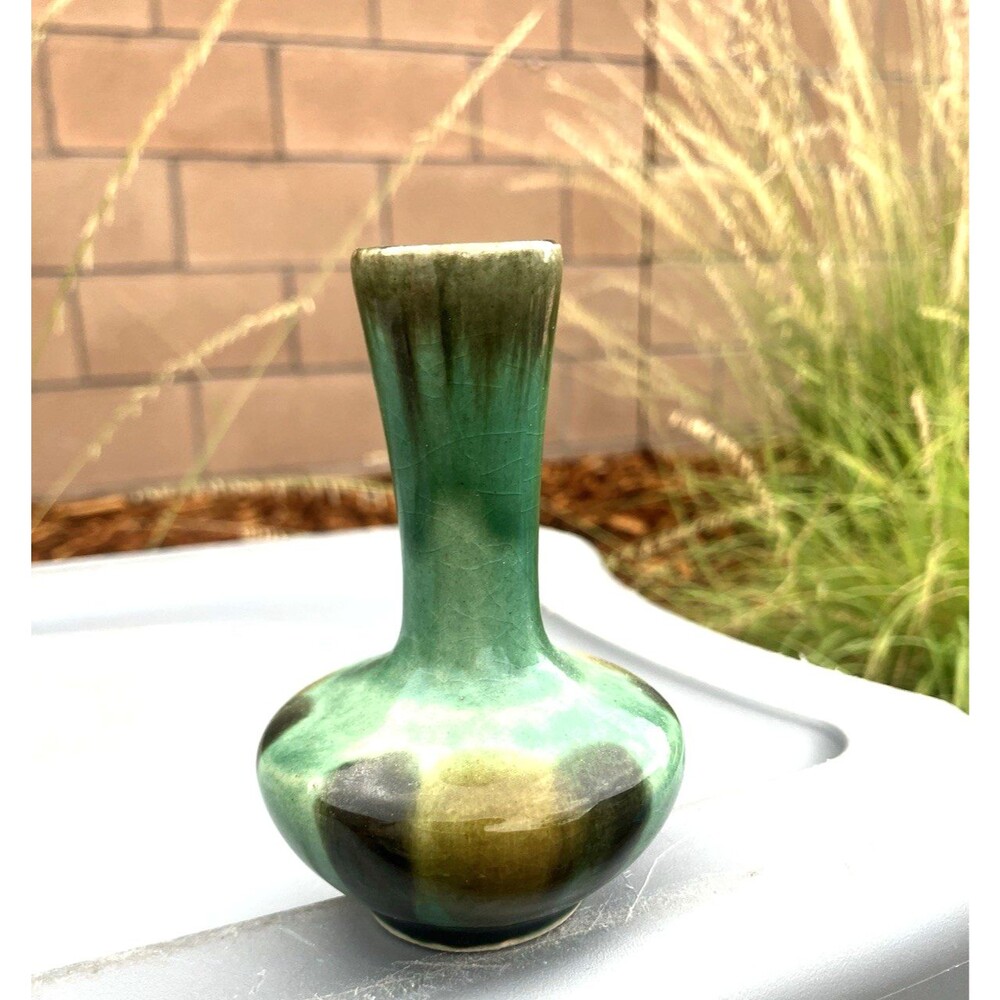 VTG Studio Pottery Green Drip Glaze Bud Vase 4” Mid Century Style